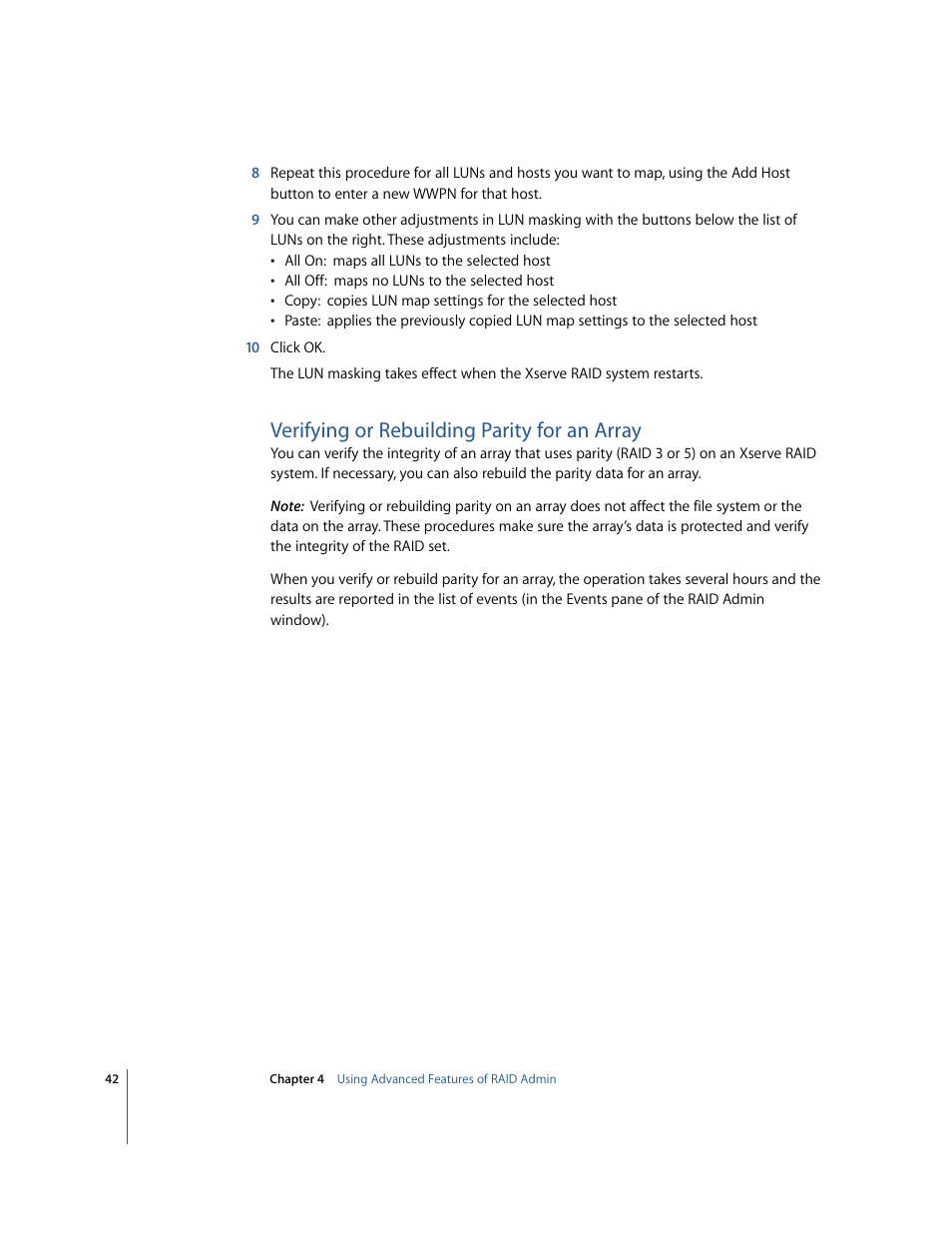 Verifying or rebuilding parity for an array | Apple Xserve RAID: Using RAID 1.2 Admin and Disk Utility User Manual | Page 42 / 43