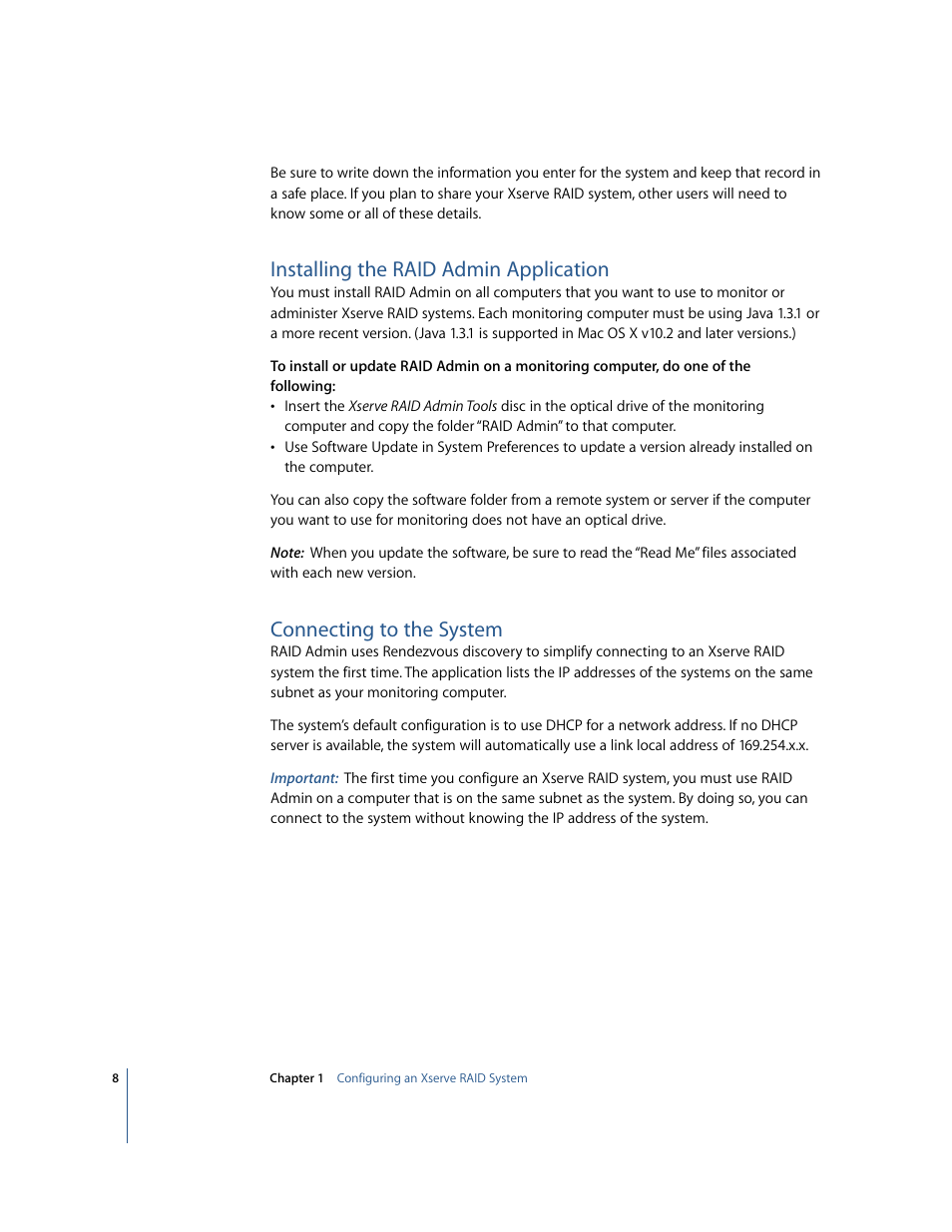 Installing the raid admin application, Connecting to the system | Apple Xserve RAID: Using RAID 1.2 Admin and Disk Utility User Manual | Page 8 / 43