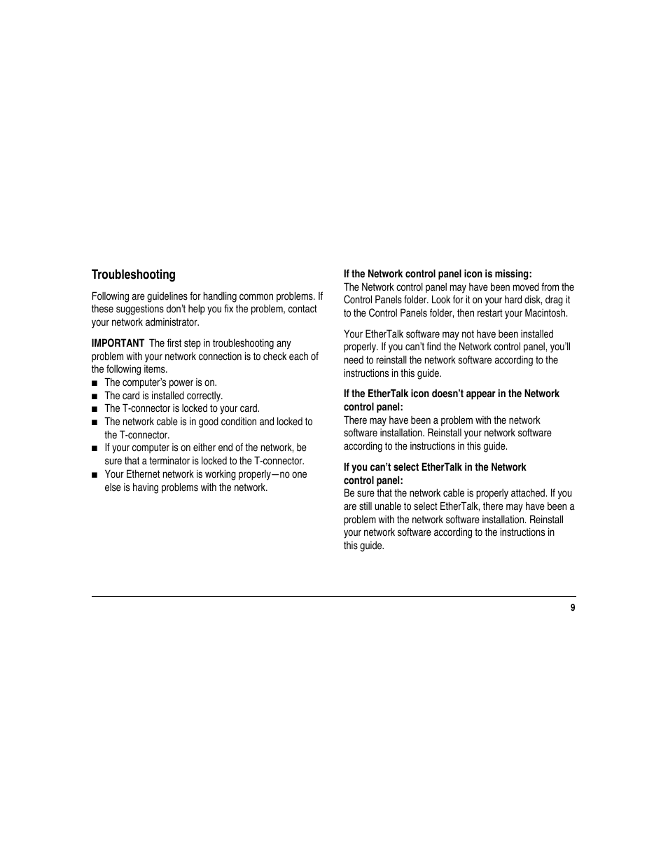 Troubleshooting | Apple Ethernet CS Thin Coax Card User Manual | Page 13 / 16