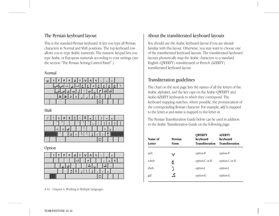 The persian keyboard layout, About the transliterated keyboard layouts, Transliteration guidelines | Apple Macintosh Arabic Language Kit User Manual | Page 19 / 28