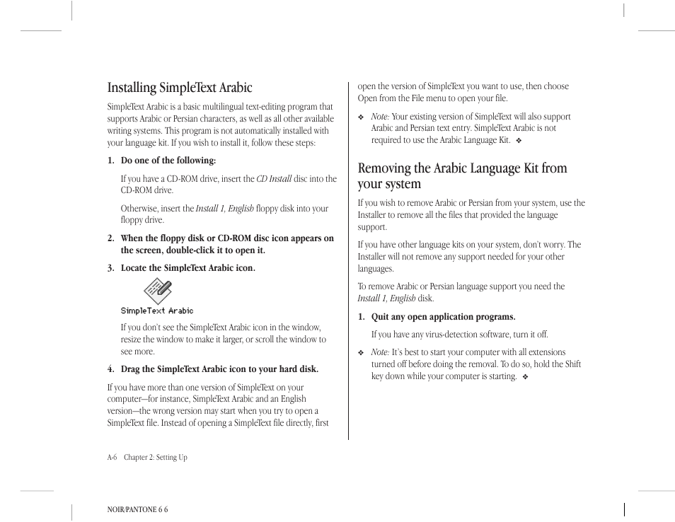 Installing simpletext arabic, Removing the arabic language kit from your system | Apple Macintosh Arabic Language Kit User Manual | Page 9 / 28