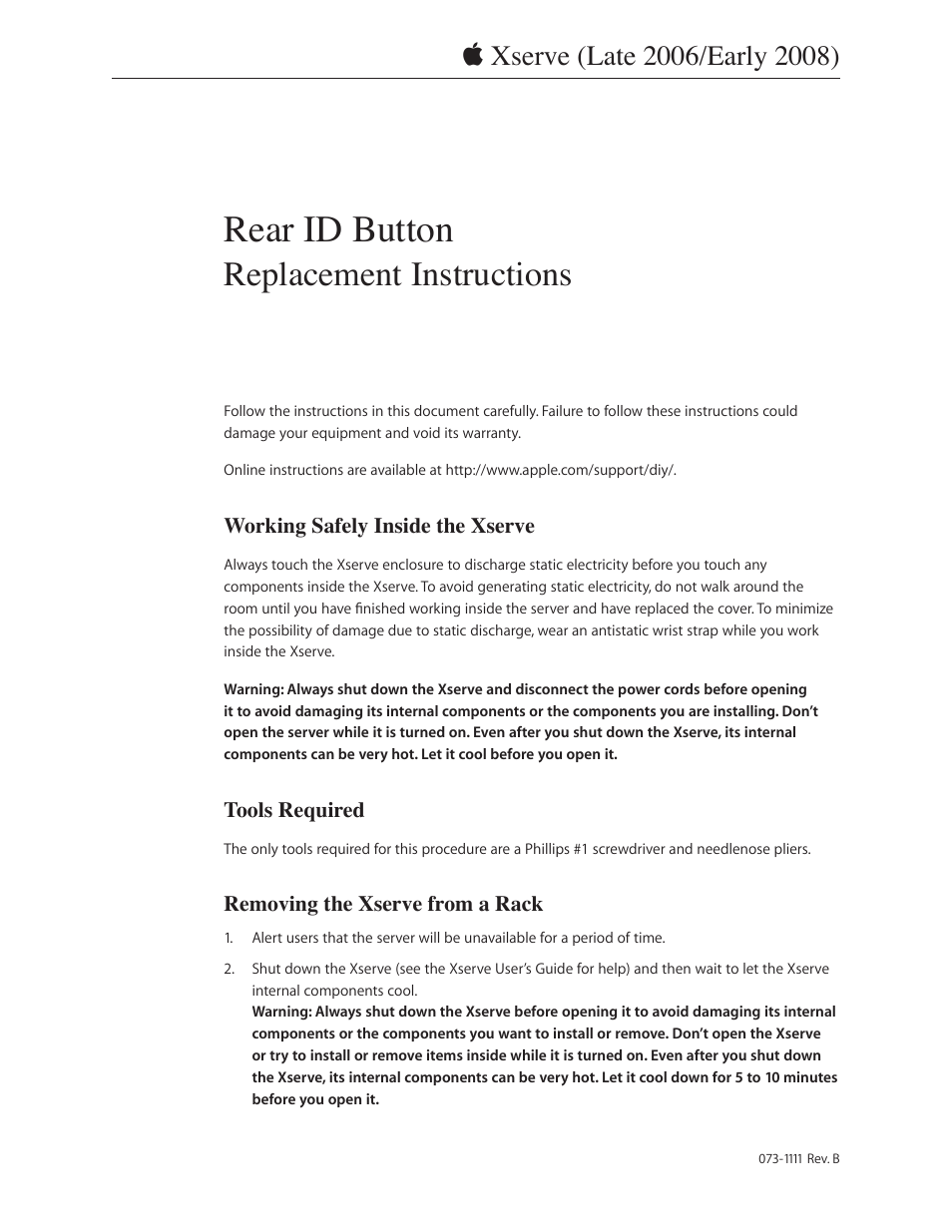 Apple Xserve (Early 2008) DIY Procedure for Rear ID Button User Manual | 5 pages