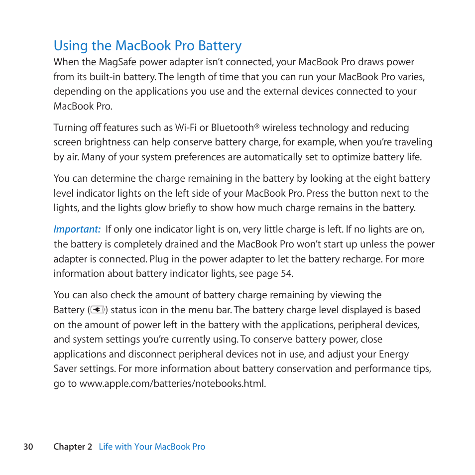 Using the macbook pro battery, 30 using the macbook pro battery | Apple MacBook Pro (13-inch, Late 2011) User Manual | Page 30 / 88