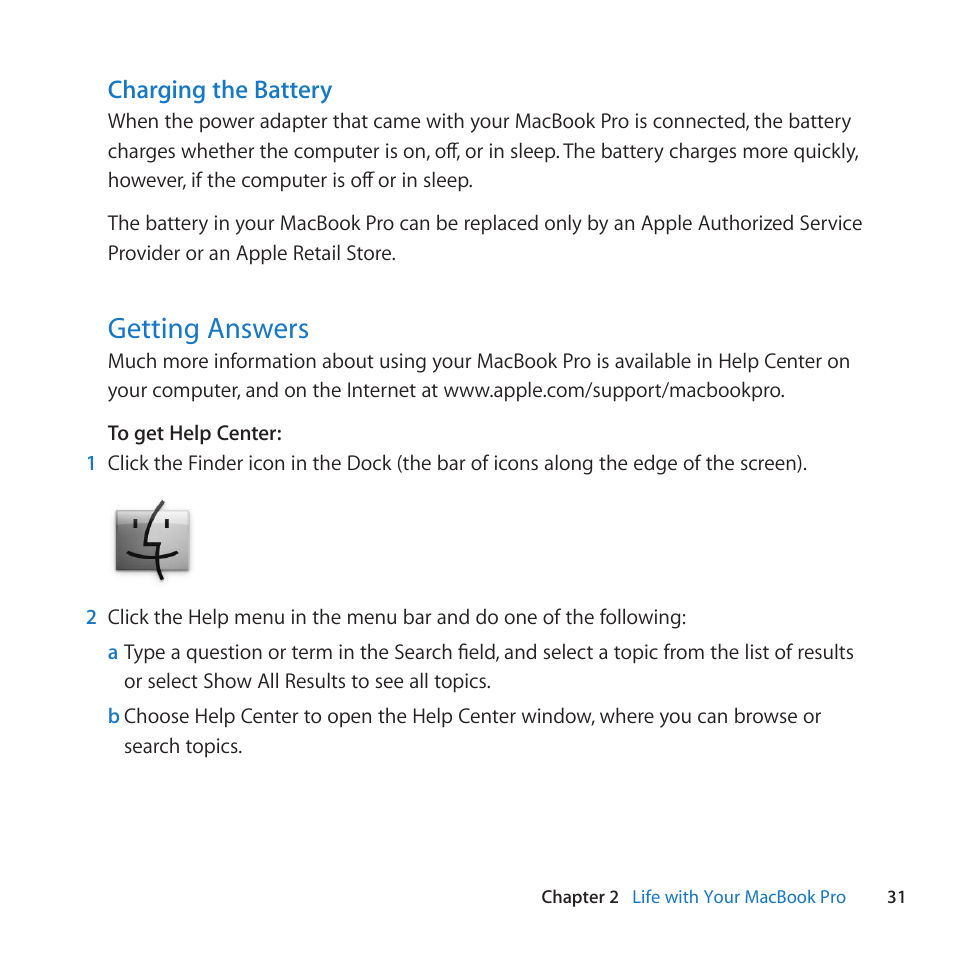 Getting answers, 31 getting answers, Charging the battery | Apple MacBook Pro (13-inch, Late 2011) User Manual | Page 31 / 88