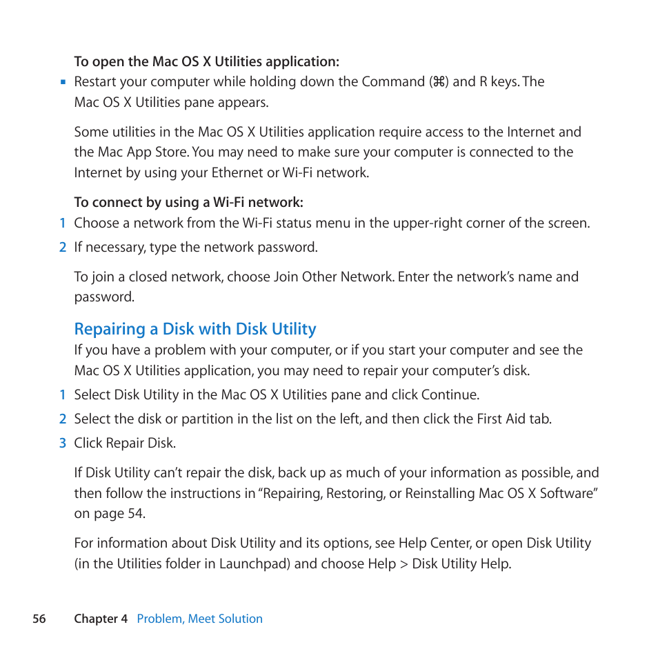 Repairing a disk with disk utility | Apple MacBook Pro (13-inch, Late 2011) User Manual | Page 56 / 88
