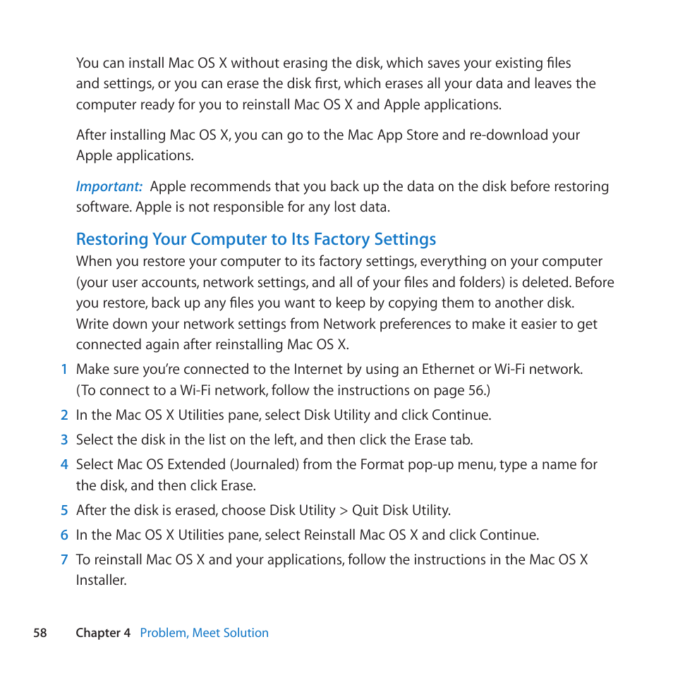 Restoring your computer to its factory settings | Apple MacBook Pro (13-inch, Late 2011) User Manual | Page 58 / 88