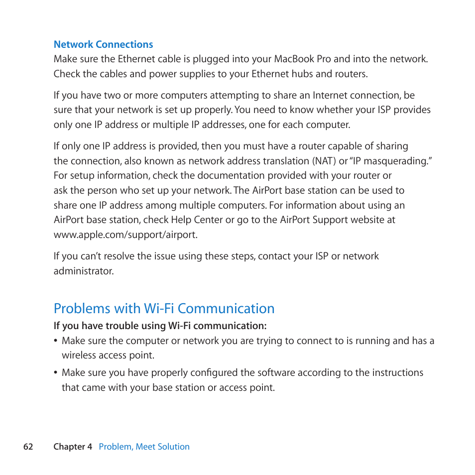 Problems with wi-fi communication, 62 problems with wi-fi communication | Apple MacBook Pro (13-inch, Late 2011) User Manual | Page 62 / 88