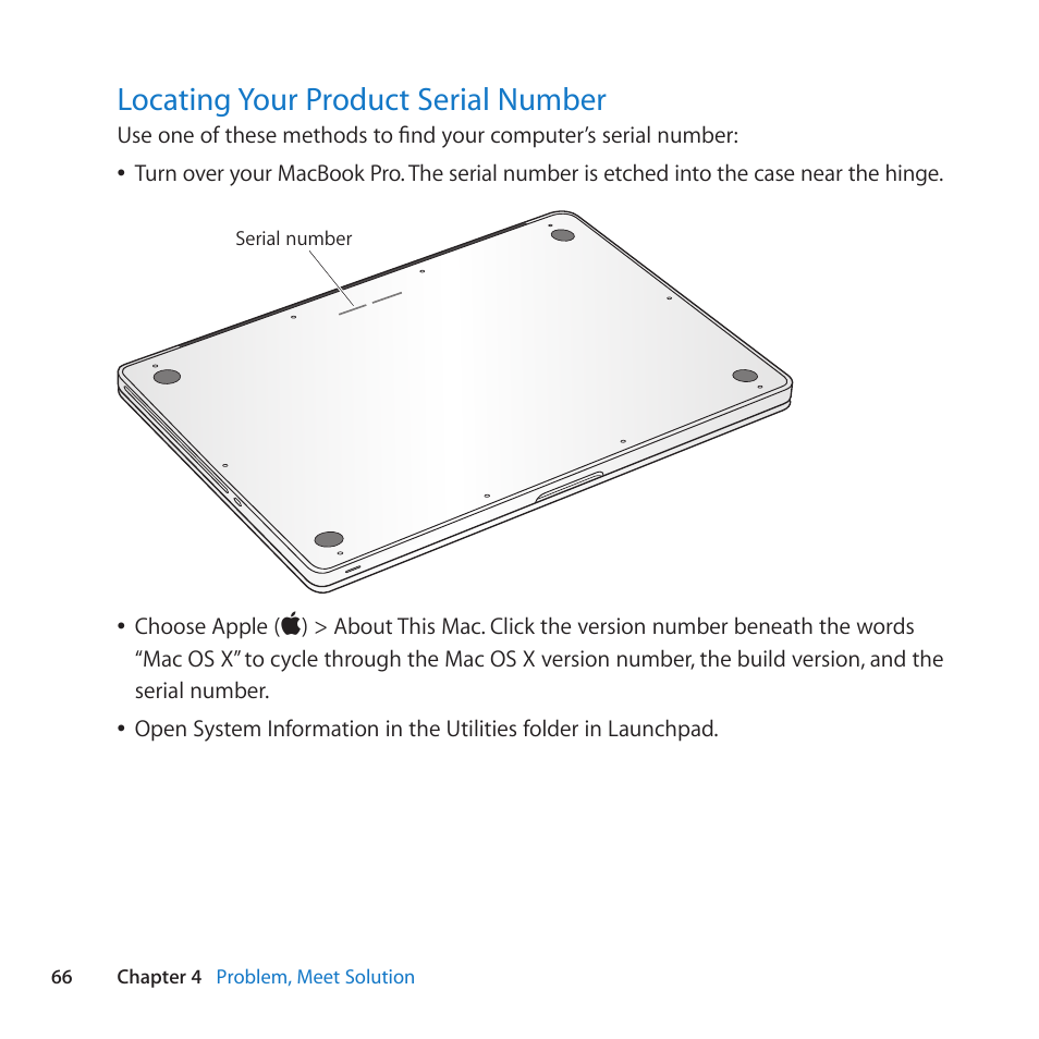 Locating your product serial number, 66 locating your product serial number | Apple MacBook Pro (13-inch, Late 2011) User Manual | Page 66 / 88