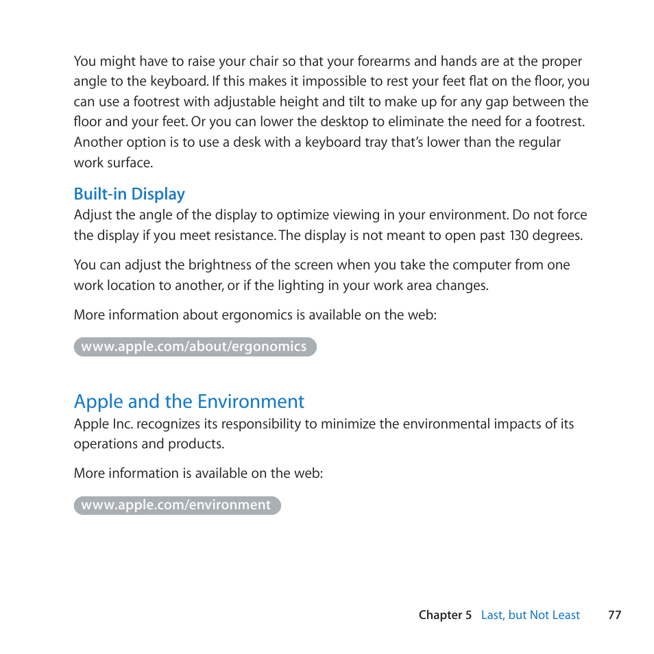Apple and the environment, 77 apple and the environment, Built-in display | Apple MacBook Pro (13-inch, Late 2011) User Manual | Page 77 / 88