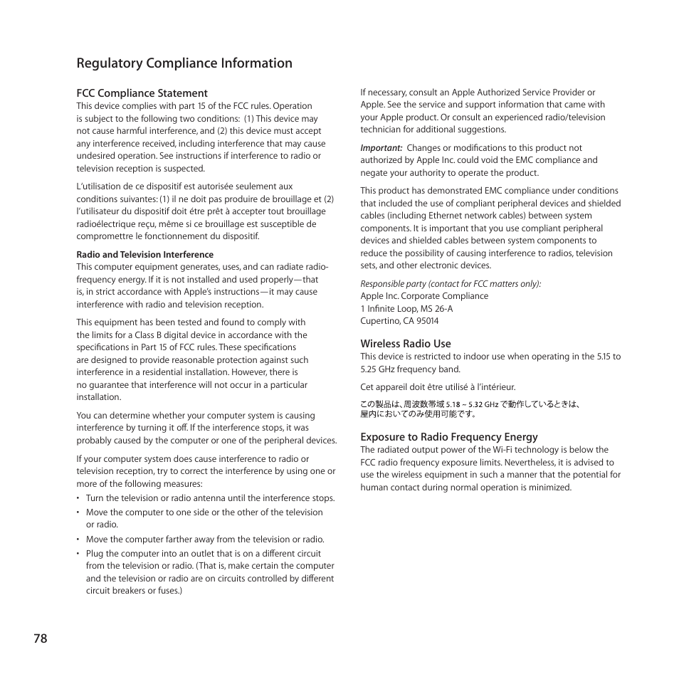 Regulatory compliance information, 78 regulatory compliance information | Apple MacBook Pro (13-inch, Late 2011) User Manual | Page 78 / 88