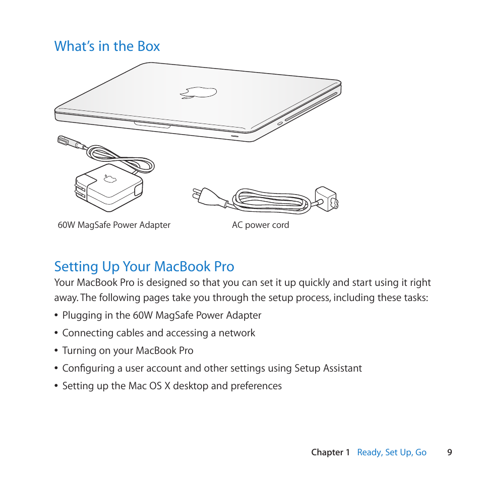 What’s in the box, Setting up your macbook pro, 9 what’s in the box | 9 setting up your macbook pro | Apple MacBook Pro (13-inch, Late 2011) User Manual | Page 9 / 88