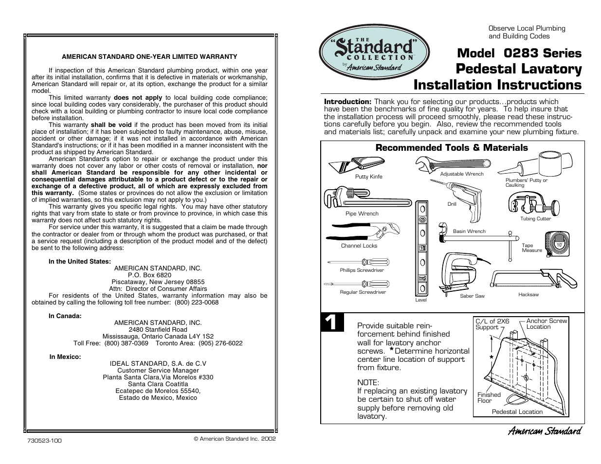 American Standard 283 User Manual | 2 pages