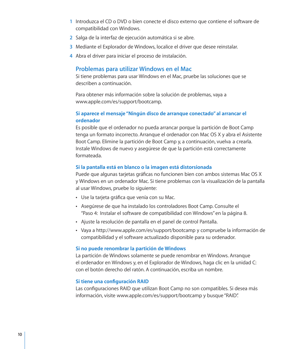 Problemas para utilizar windows en el mac, Si no puede renombrar la partición de windows, Si tiene una configuración raid | Apple Boot Camp MacBook Air (Late 2010) User Manual | Page 10 / 13