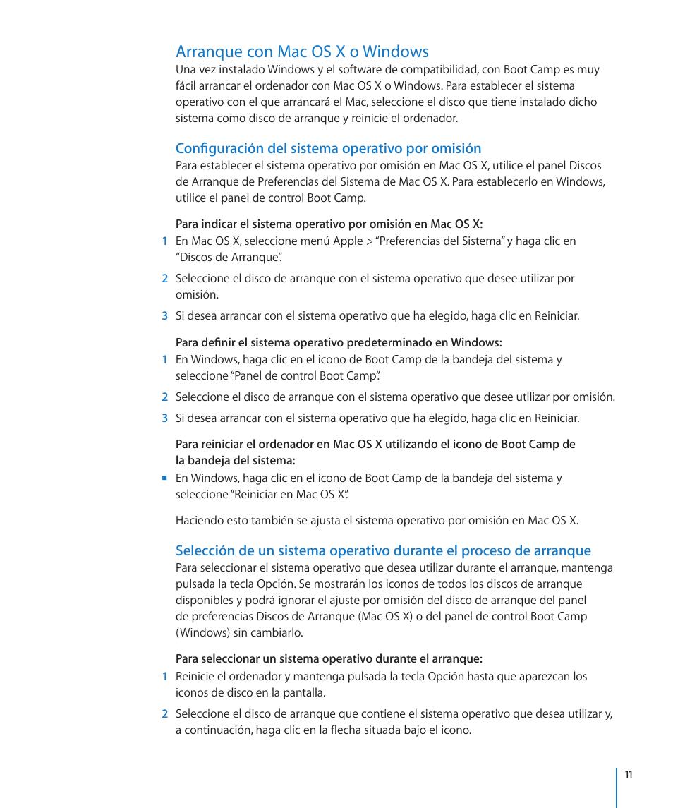 Arranque con mac os x o windows, Configuración del sistema operativo por omisión | Apple Boot Camp MacBook Air (Late 2010) User Manual | Page 11 / 13