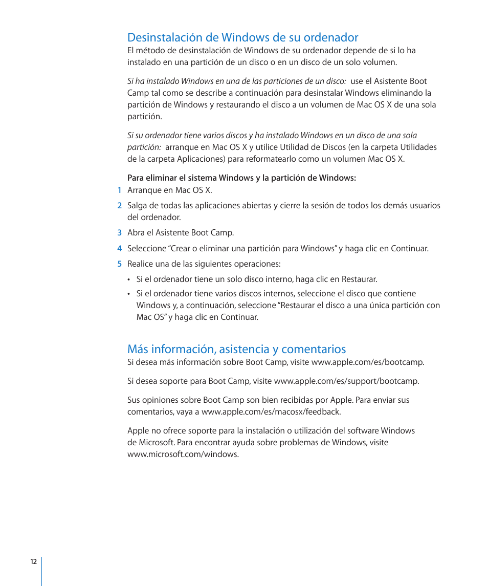 Desinstalación de windows de su ordenador, Más información, asistencia y comentarios | Apple Boot Camp MacBook Air (Late 2010) User Manual | Page 12 / 13