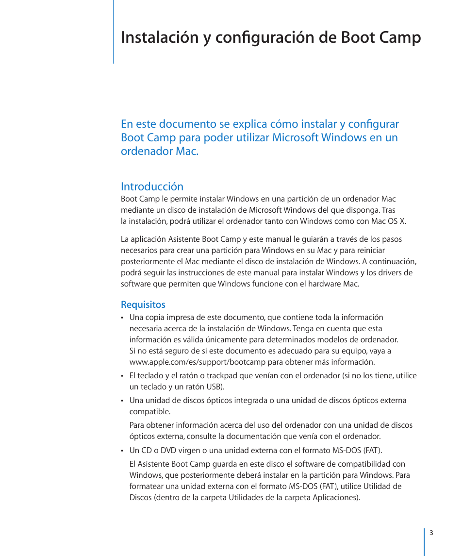 Introducción, Requisitos, Instalación y configuración de boot camp | Apple Boot Camp MacBook Air (Late 2010) User Manual | Page 3 / 13