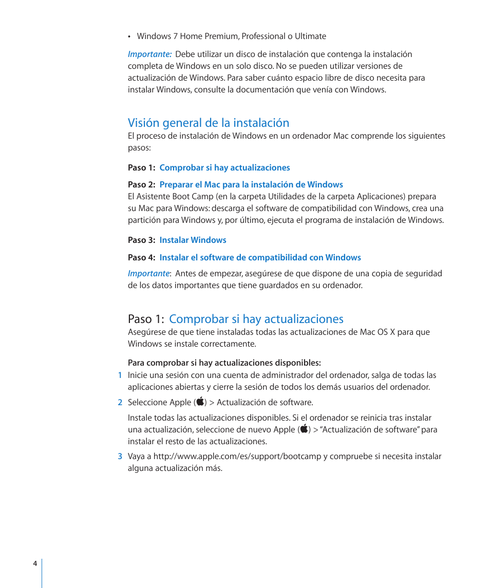 Visión general de la instalación, Paso 1: comprobar si hay actualizaciones, Paso 3: instalar windows | Apple Boot Camp MacBook Air (Late 2010) User Manual | Page 4 / 13