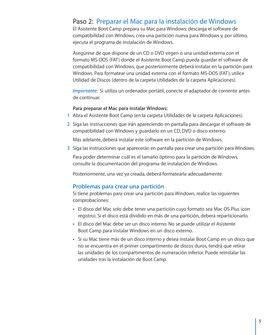 Problemas para crear una partición | Apple Boot Camp MacBook Air (Late 2010) User Manual | Page 5 / 13