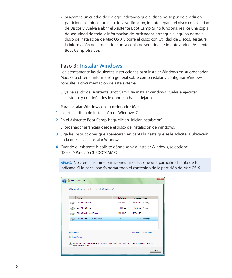 Paso 3: instalar windows | Apple Boot Camp MacBook Air (Late 2010) User Manual | Page 6 / 13