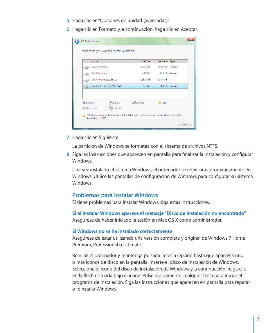 Problemas para instalar windows, Si windows no se ha instalado correctamente | Apple Boot Camp MacBook Air (Late 2010) User Manual | Page 7 / 13