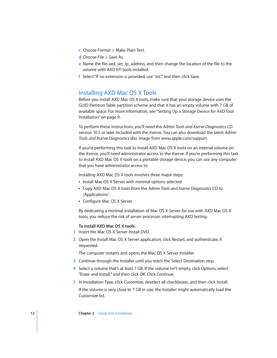 Installing axd macosx tools, Installing axd mac os x tools | Apple Xserve - Apple Xserve Diagnostics (Version 3X103) User Manual | Page 12 / 39