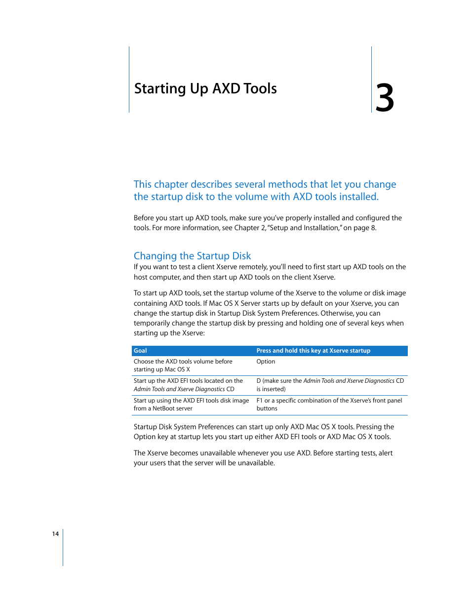 Starting up axd tools, Changing the startup disk, Chapter 3 | Apple Xserve - Apple Xserve Diagnostics (Version 3X103) User Manual | Page 14 / 39