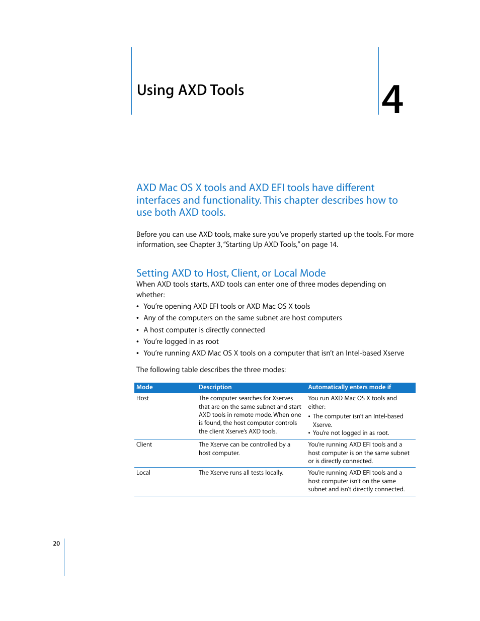 Using axd tools, Setting axd to host, client, or local mode, Chapter 4 | Apple Xserve - Apple Xserve Diagnostics (Version 3X103) User Manual | Page 20 / 39