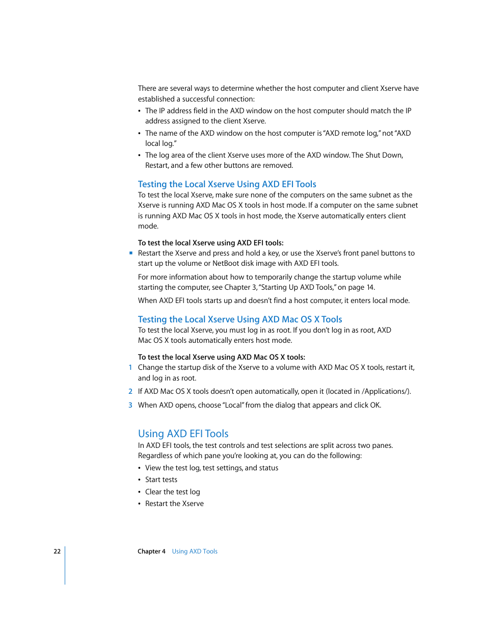 Testing the local xserve using axd efi tools, Testing the local xserve using axd macosx tools, Using axd efi tools | Apple Xserve - Apple Xserve Diagnostics (Version 3X103) User Manual | Page 22 / 39