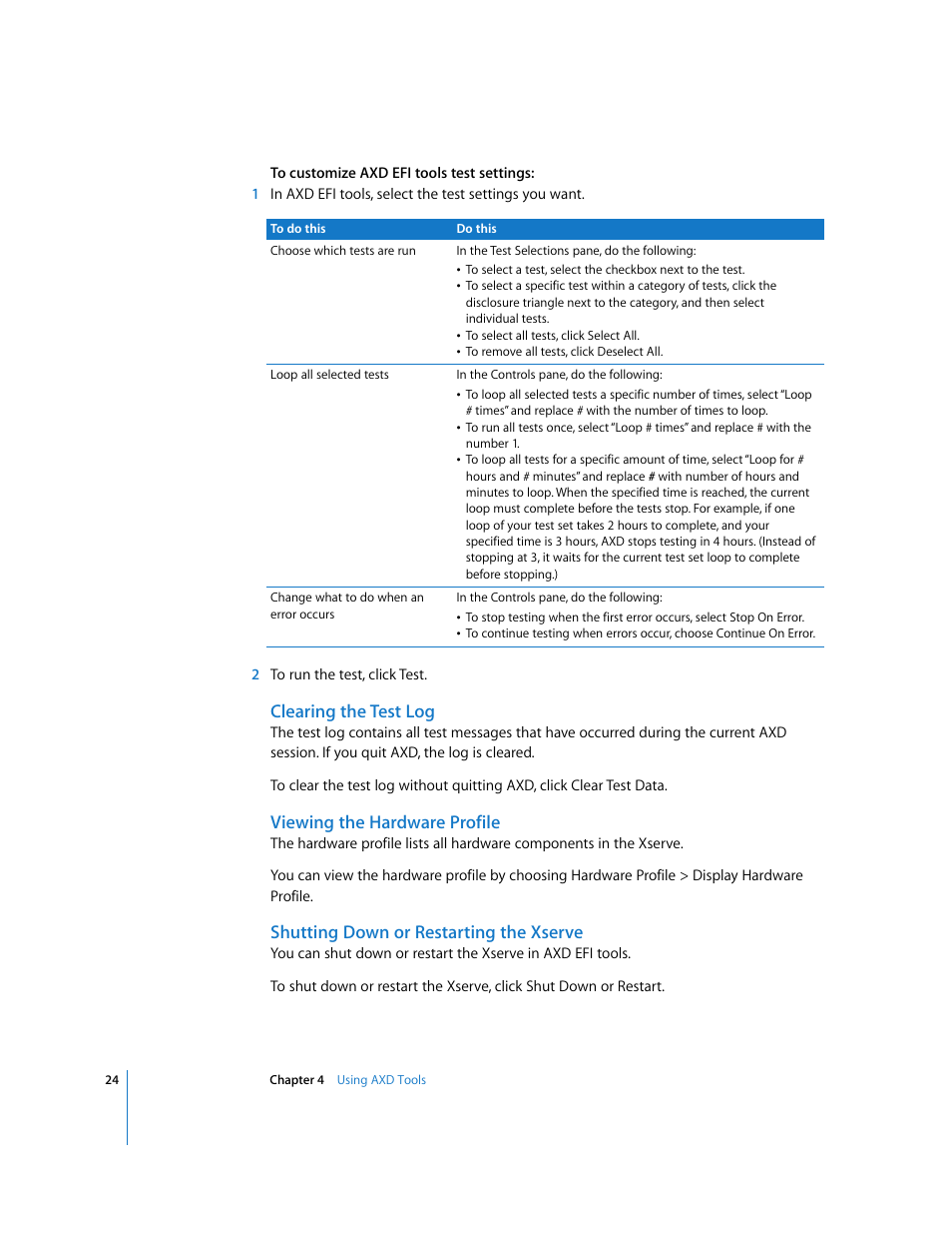 Clearing the test log, Viewing the hardware profile, Shutting down or restarting the xserve | Apple Xserve - Apple Xserve Diagnostics (Version 3X103) User Manual | Page 24 / 39