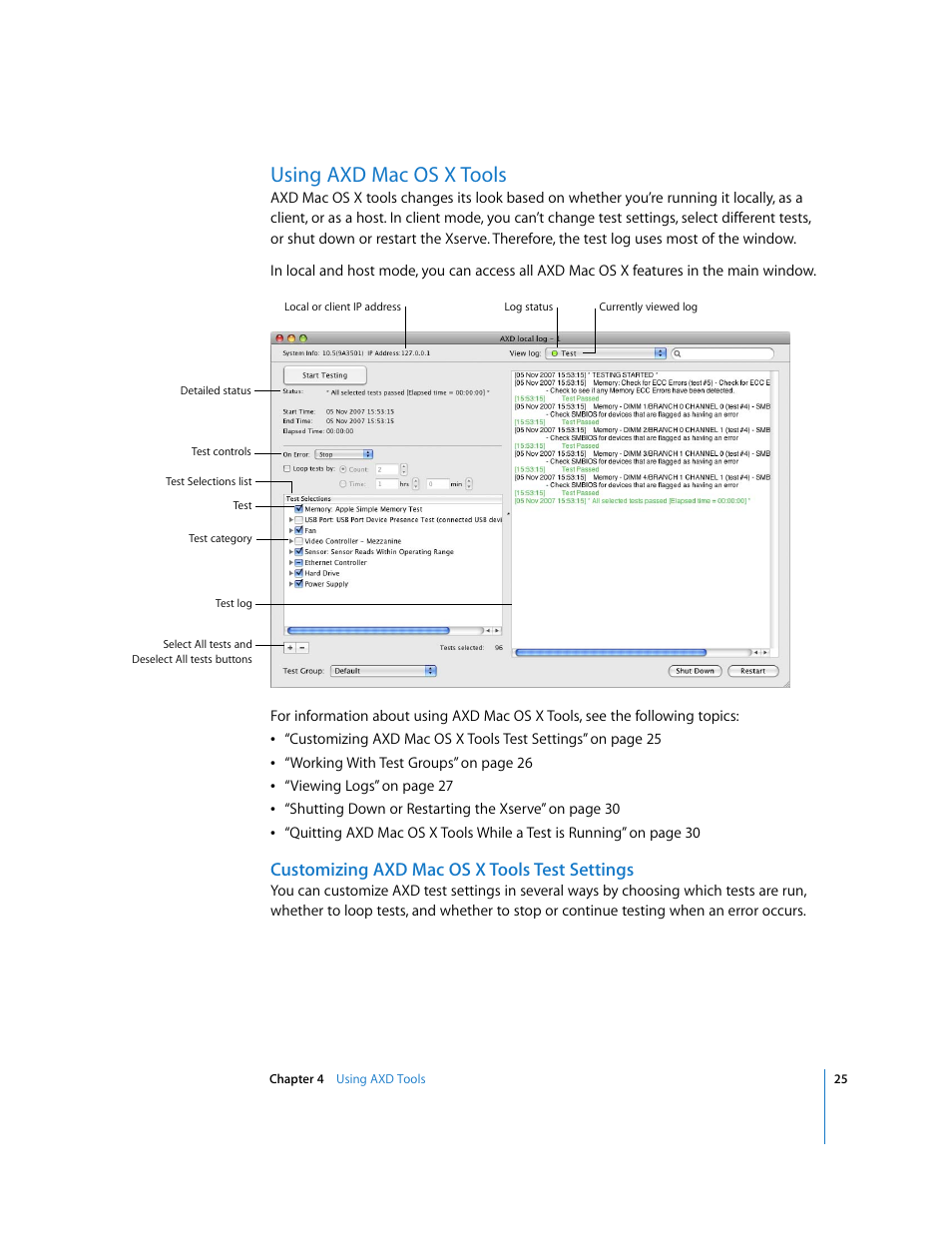 Using axd macosx tools, Customizing axd macosx tools test settings, Using axd mac os x tools | Customizing axd mac os x tools test settings | Apple Xserve - Apple Xserve Diagnostics (Version 3X103) User Manual | Page 25 / 39