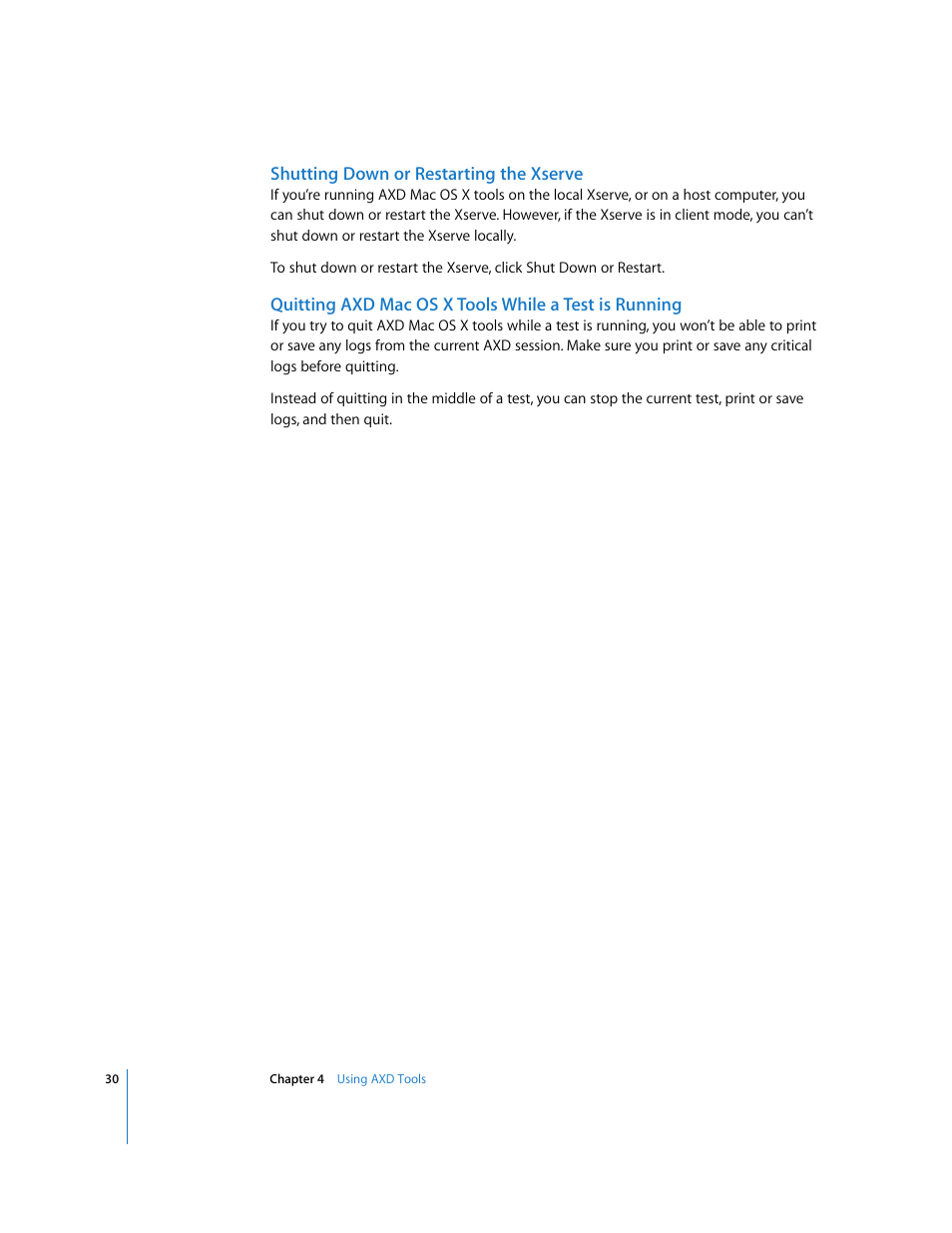 Shutting down or restarting the xserve | Apple Xserve - Apple Xserve Diagnostics (Version 3X103) User Manual | Page 30 / 39