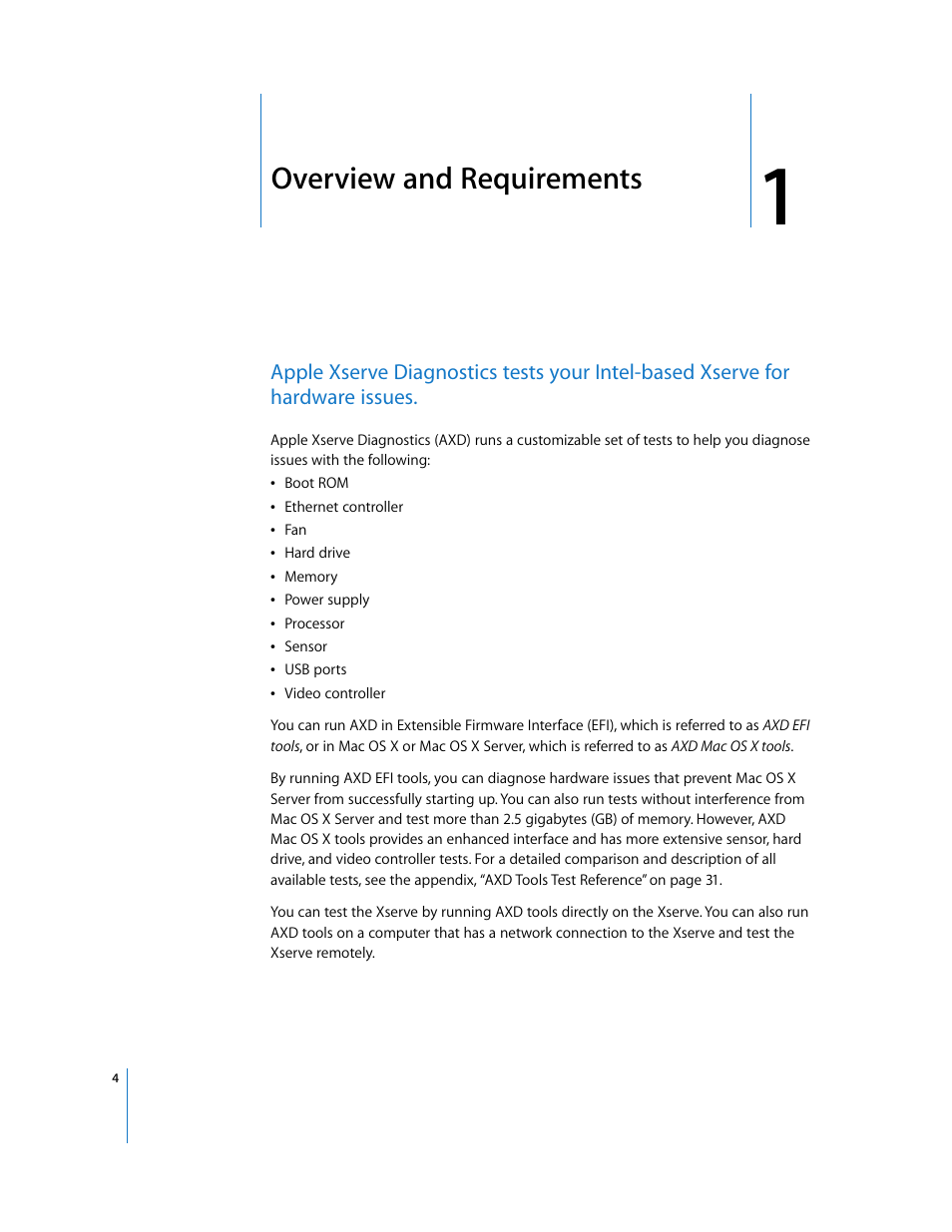 Overview and requirements, Chapter 1 | Apple Xserve - Apple Xserve Diagnostics (Version 3X103) User Manual | Page 4 / 39