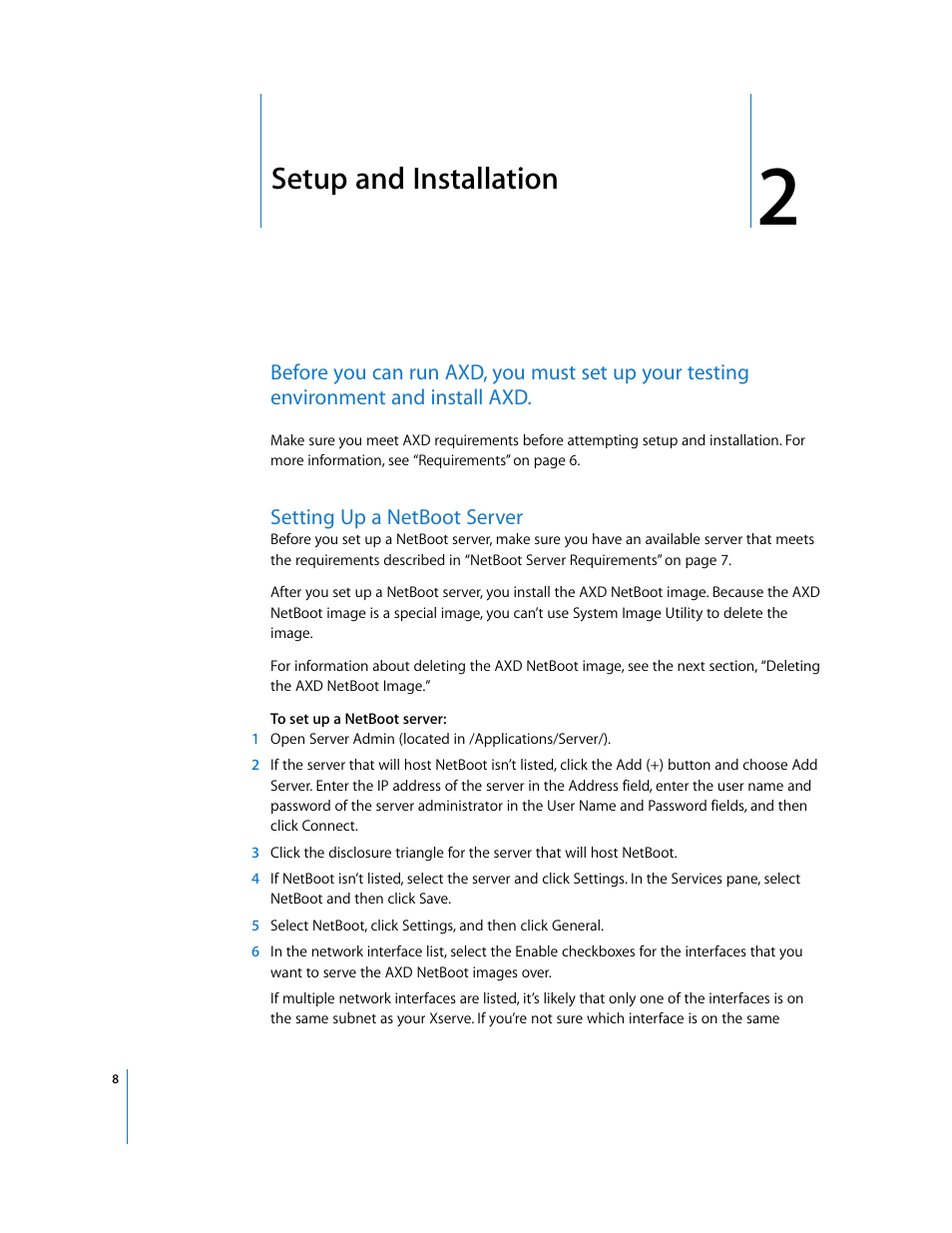 Setup and installation, Setting up a netboot server, Chapter 2 | Apple Xserve - Apple Xserve Diagnostics (Version 3X103) User Manual | Page 8 / 39