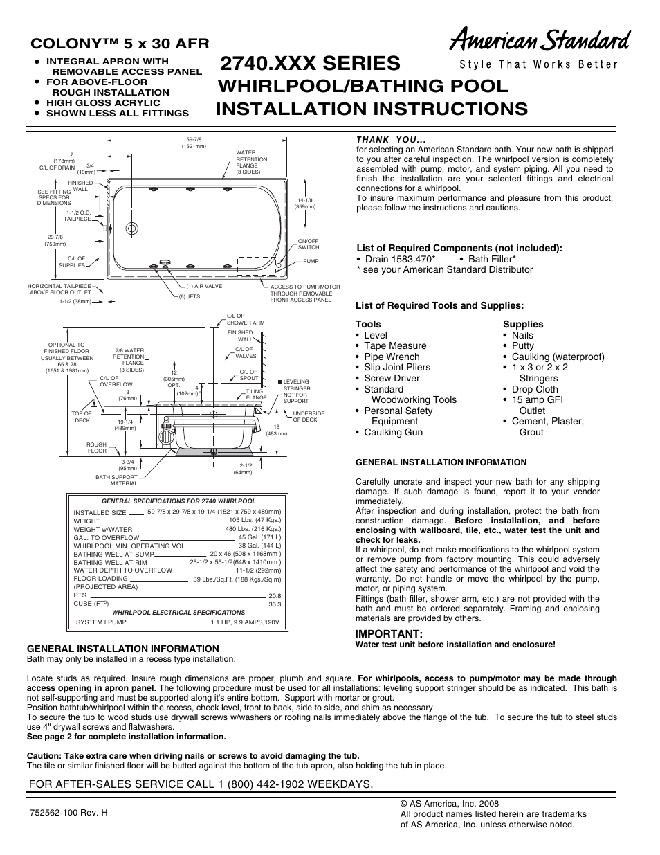 American Standard Colony 2740.XXX SERIES User Manual | 4 pages