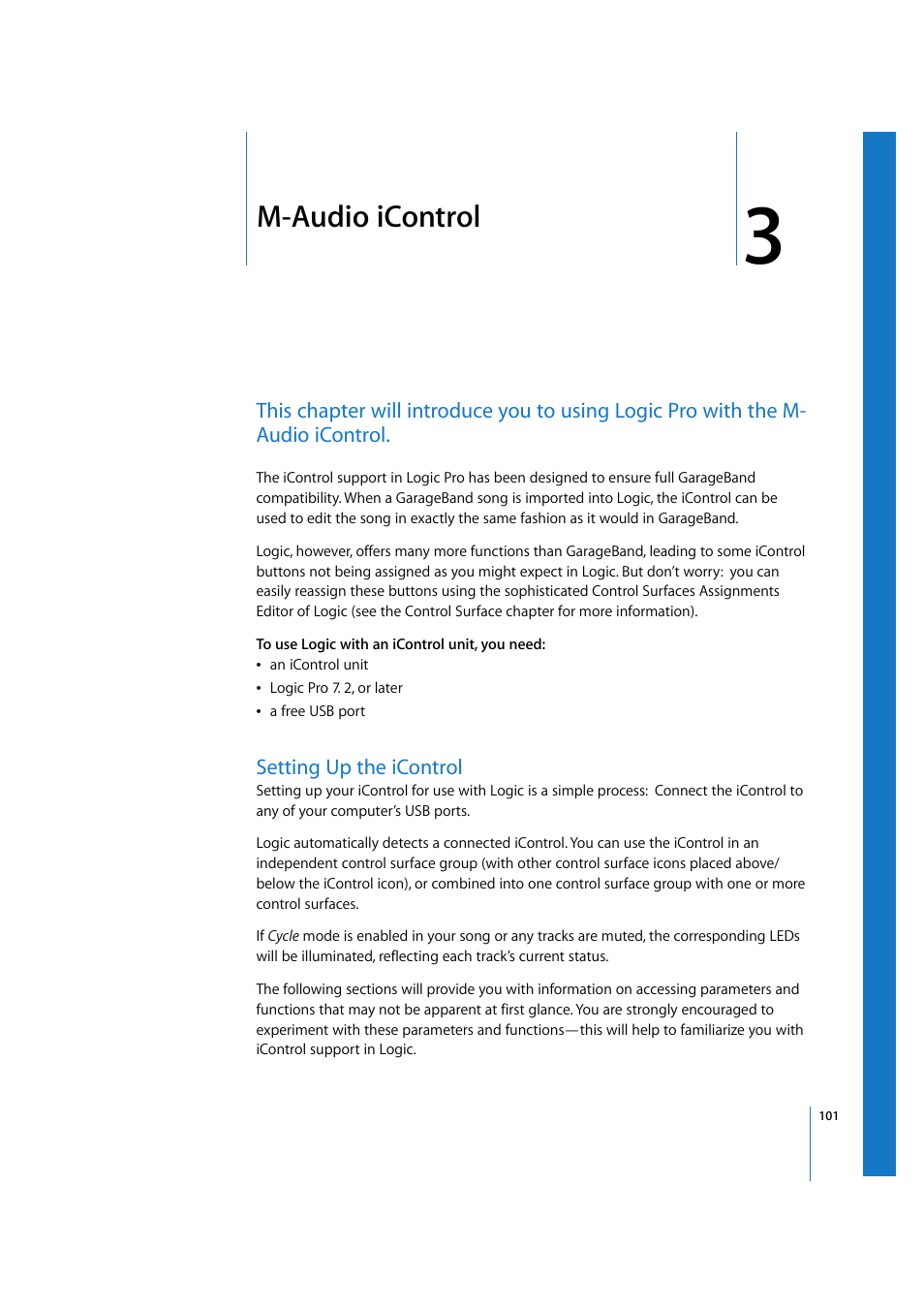 M-audio icontrol, Setting up the icontrol, Chapter 3 | Apple Logic 7 User Manual | Page 101 / 255