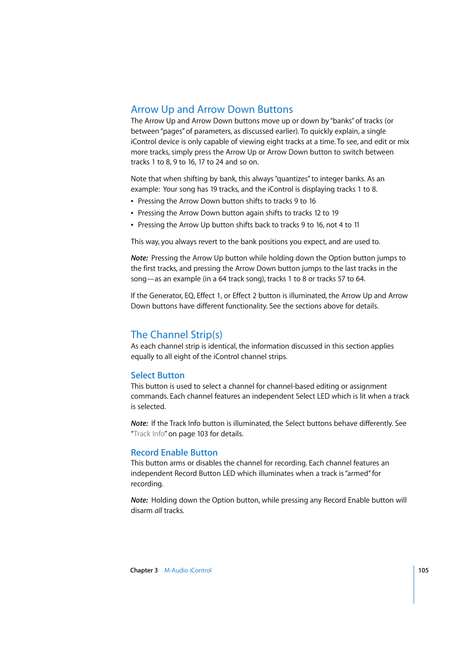 Arrow up and arrow down buttons, The channel strip(s), Select button | Record enable button | Apple Logic 7 User Manual | Page 105 / 255