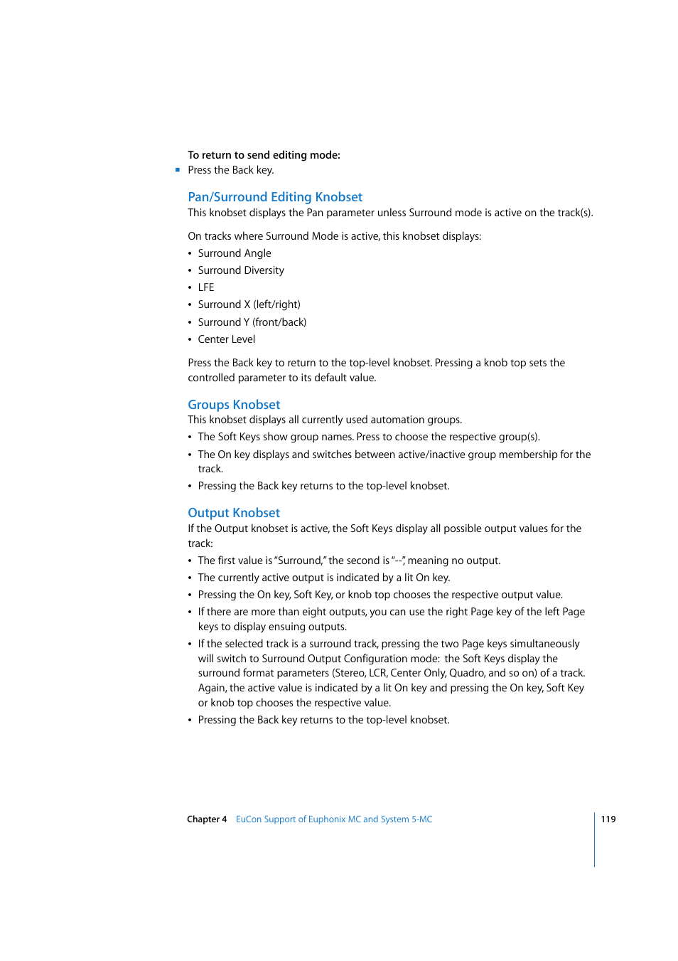Pan/surround editing knobset, Groups knobset, Output knobset | Surround editing knobset, Groups, Knobset | Apple Logic 7 User Manual | Page 119 / 255
