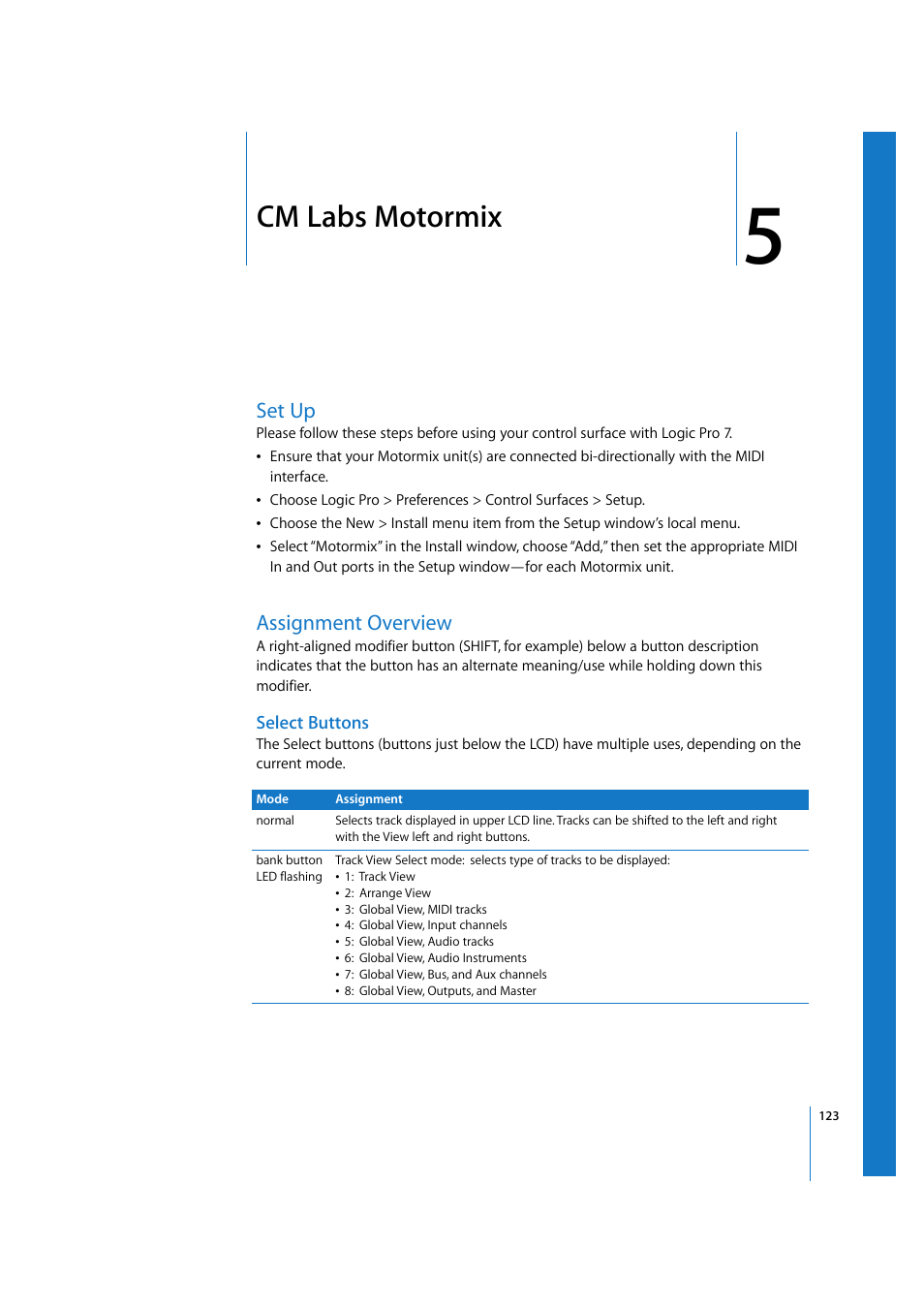 Cm labs motormix, Set up, Assignment overview | Select buttons, Chapter 5 | Apple Logic 7 User Manual | Page 123 / 255