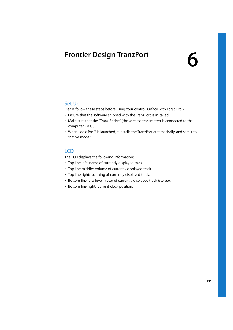 Frontier design tranzport, Set up, Chapter 6 | Apple Logic 7 User Manual | Page 131 / 255
