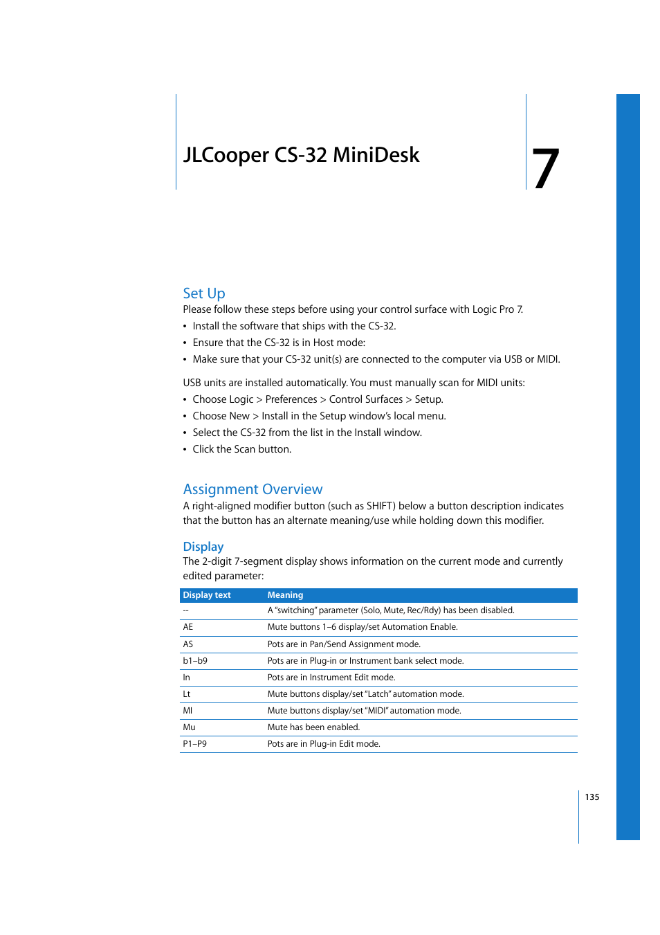 Jlcooper cs-32 minidesk, Set up, Assignment overview | Display, Chapter 7 | Apple Logic 7 User Manual | Page 135 / 255