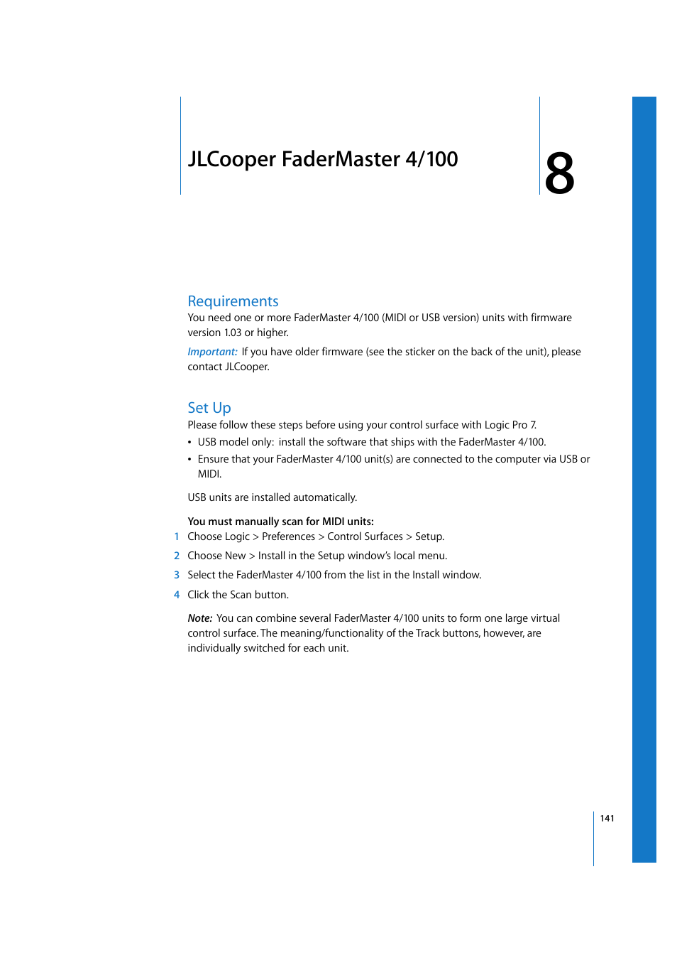 Jlcooper fadermaster 4/100, Requirements, Set up | Chapter 8, Requir | Apple Logic 7 User Manual | Page 141 / 255