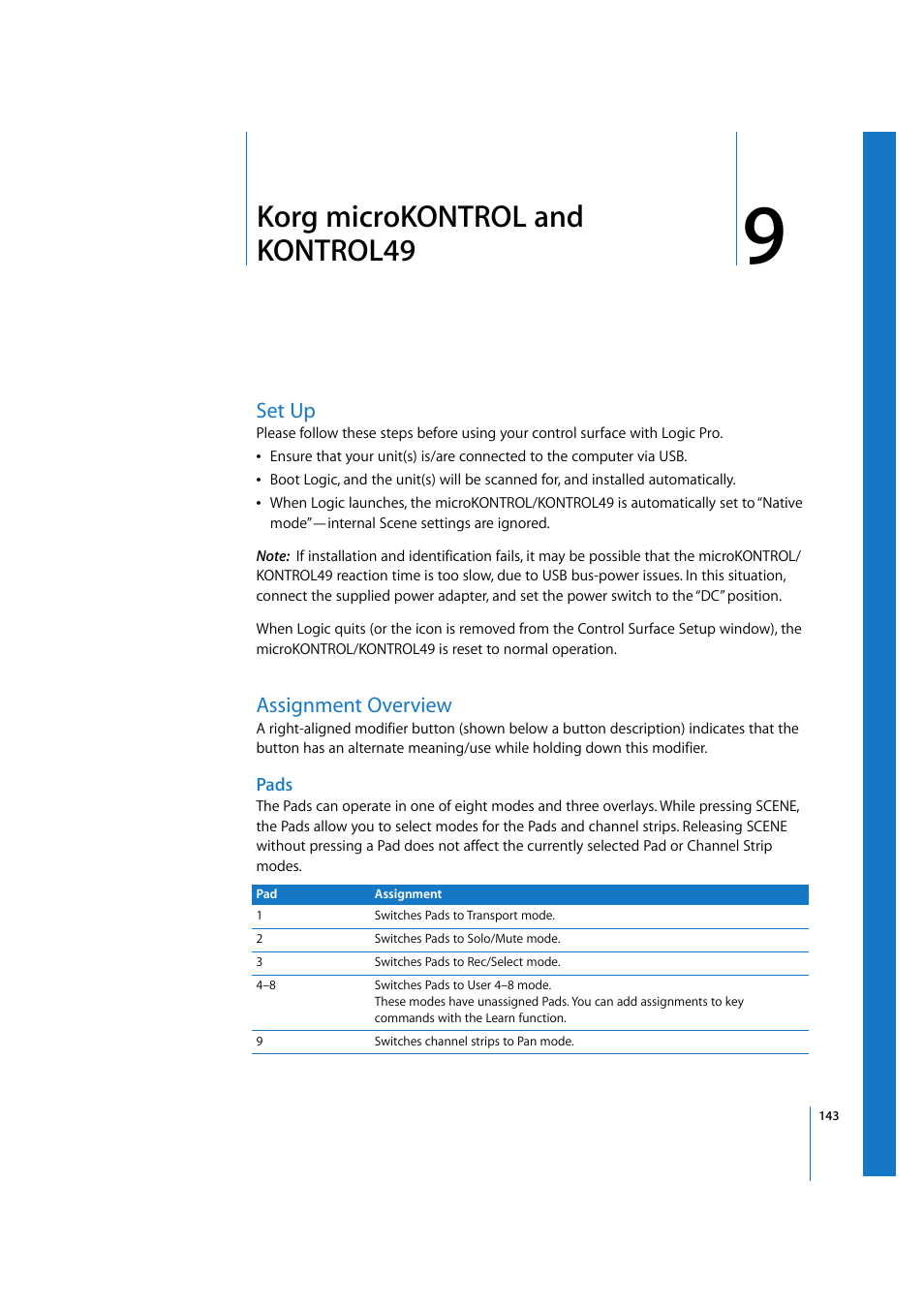Korg microkontrol and kontrol49, Set up, Assignment overview | Pads, Chapter 9 | Apple Logic 7 User Manual | Page 143 / 255