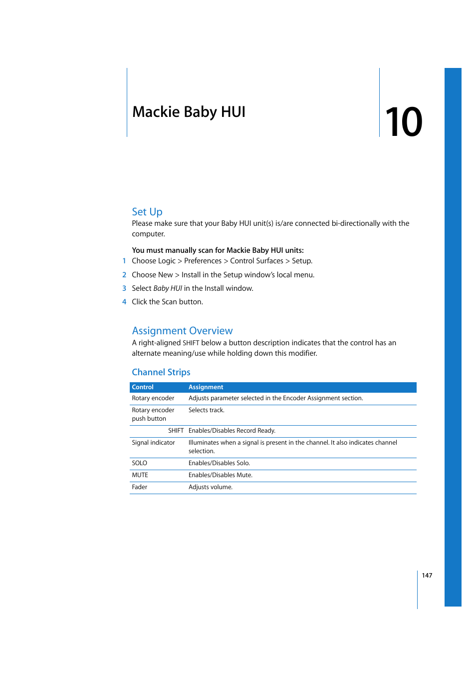 Mackie baby hui, Set up, Assignment overview | Channel strips, Chapter 10 | Apple Logic 7 User Manual | Page 147 / 255