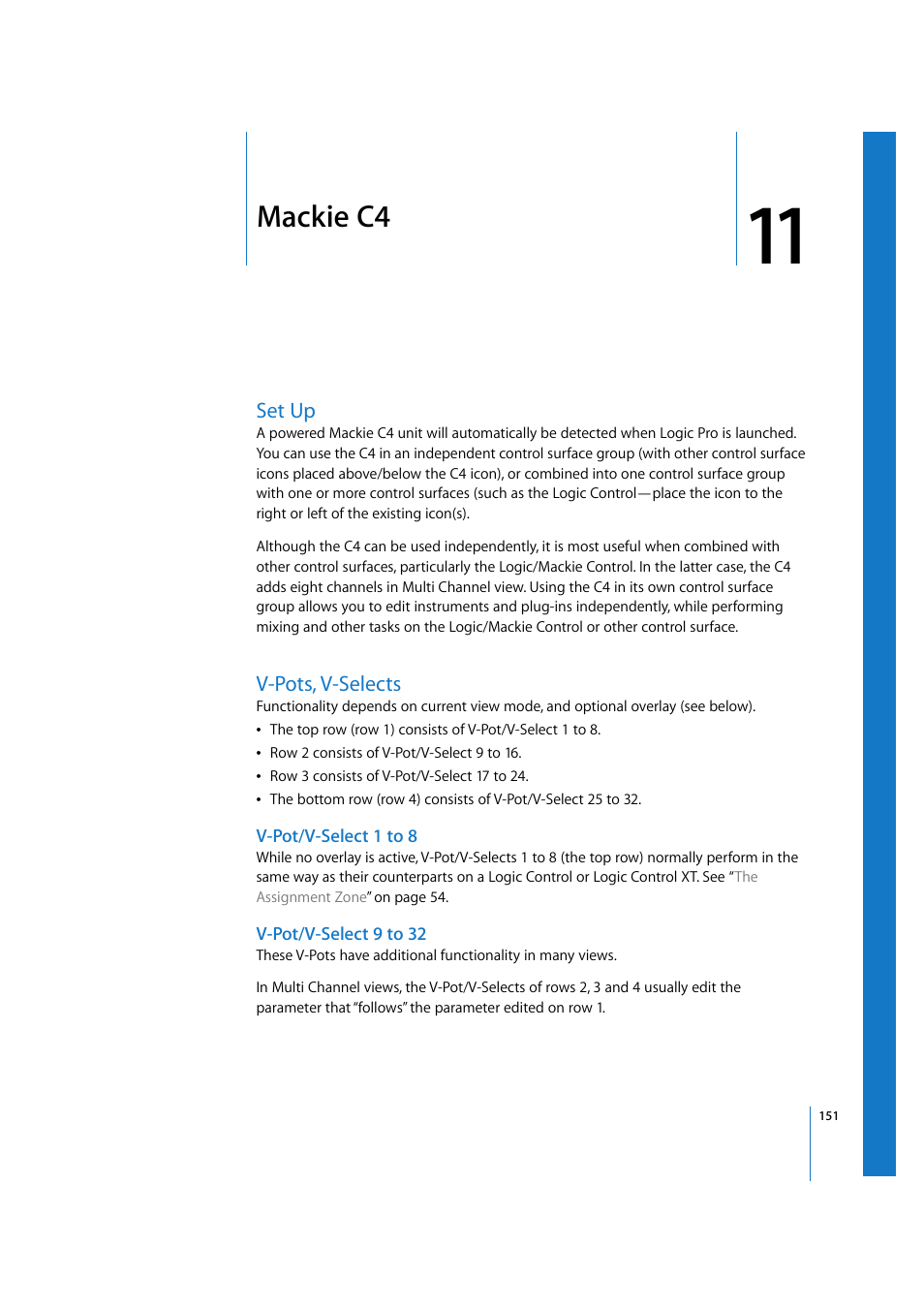 Mackie c4, Set up, V-pots, v-selects | V-pot/v-select 1 to 8, V-pot/v-select 9 to 32, Chapter 11 | Apple Logic 7 User Manual | Page 151 / 255