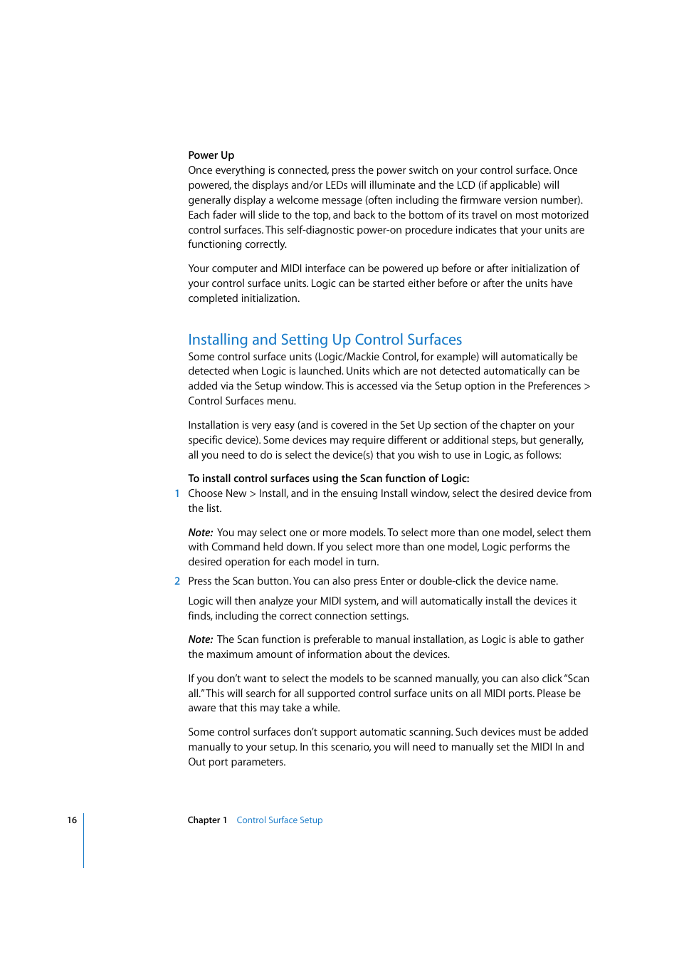Installing and setting up control surfaces, Installing | Apple Logic 7 User Manual | Page 16 / 255