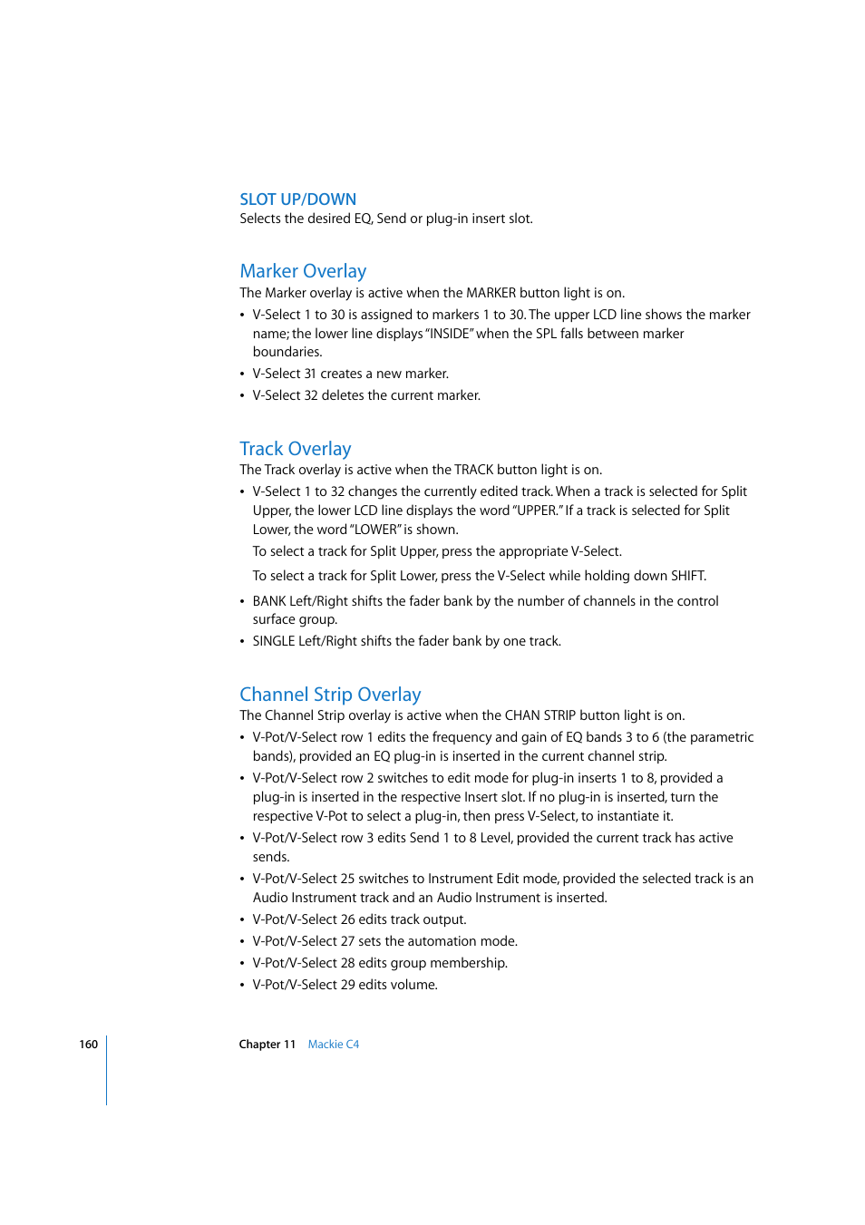 Slot up/down, Marker overlay, Track overlay | Channel strip overlay, Channel | Apple Logic 7 User Manual | Page 160 / 255