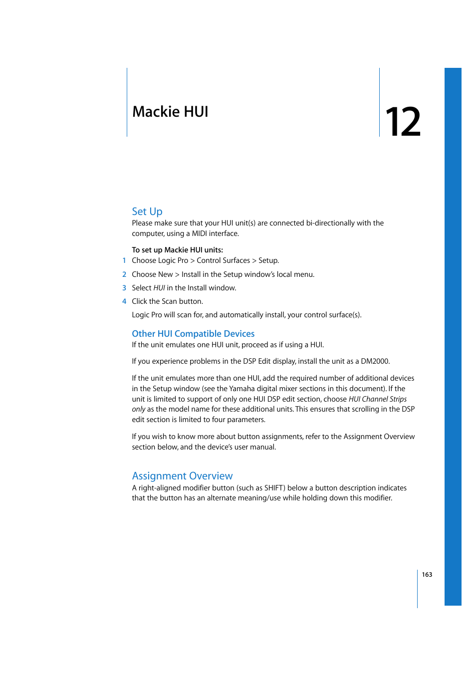 Mackie hui, Set up, Other hui compatible devices | Assignment overview, Chapter 12 | Apple Logic 7 User Manual | Page 163 / 255