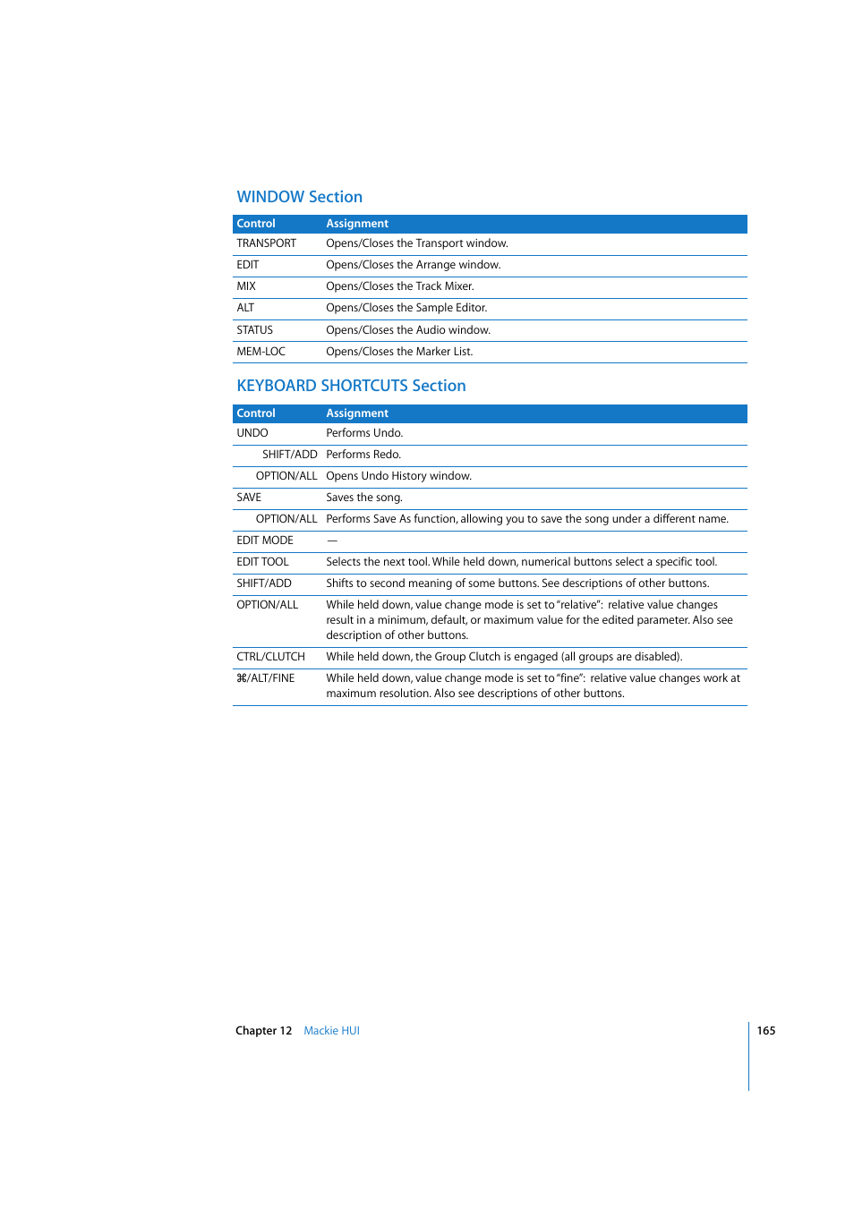 Window section, Keyboard shortcuts section | Apple Logic 7 User Manual | Page 165 / 255