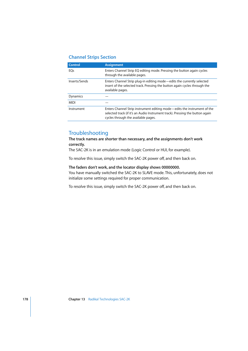 Channel strips section, Troubleshooting | Apple Logic 7 User Manual | Page 178 / 255