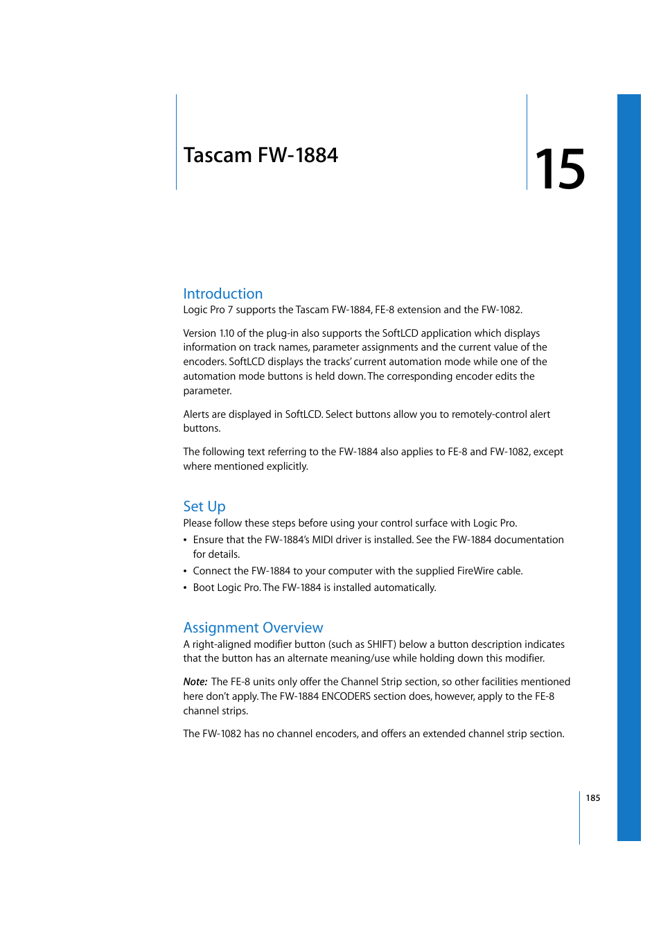 Tascam fw-1884, Introduction, Set up | Assignment overview, Chapter 15, Tascam fw | Apple Logic 7 User Manual | Page 185 / 255